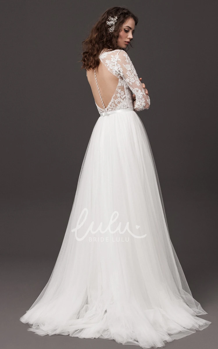 Modern Tulle Long Sleeve A Line Wedding Dress with Brush Train and Sash Elegant Wedding Dress