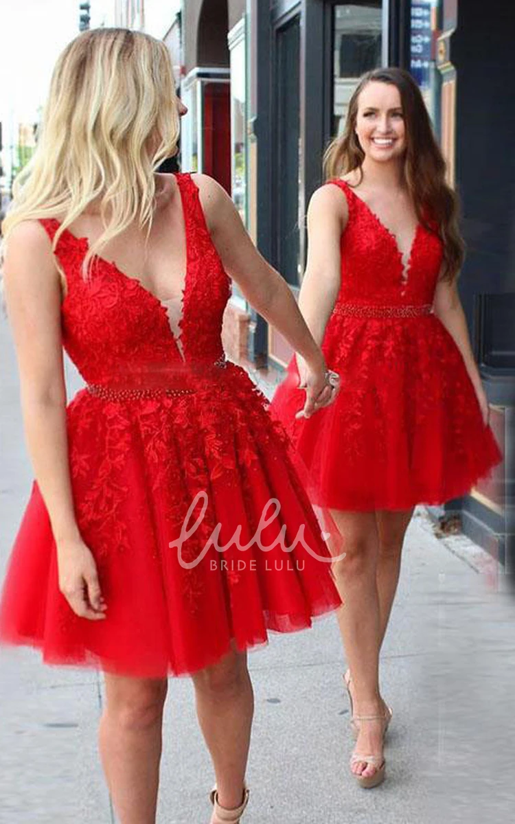 Adorable A Line Lace Tulle Homecoming Dress with Beading and V-neck