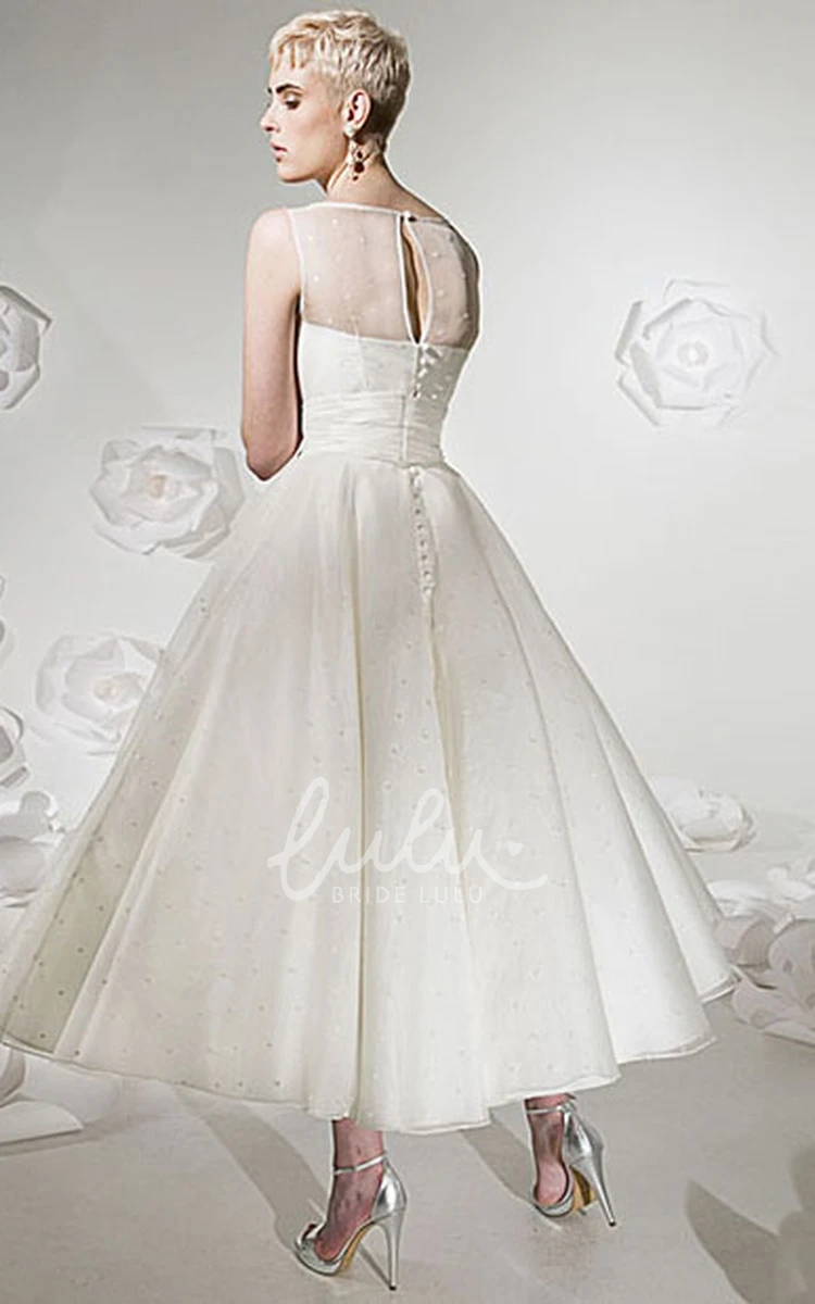 Jewel-Neck Tulle&Satin Wedding Dress A-Line Tea-Length Bridal Gown with Ribbon