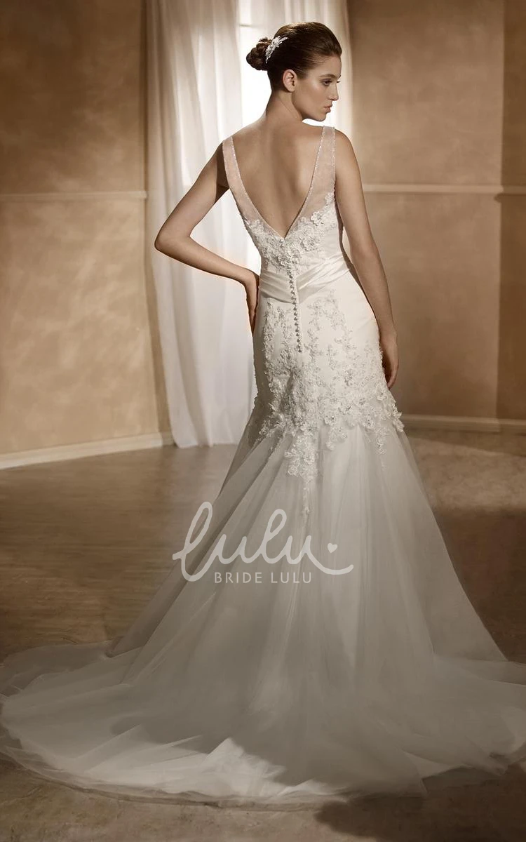 Sleeveless Tulle and Satin Wedding Dress with Appliques and Deep-V Back A-Line Style