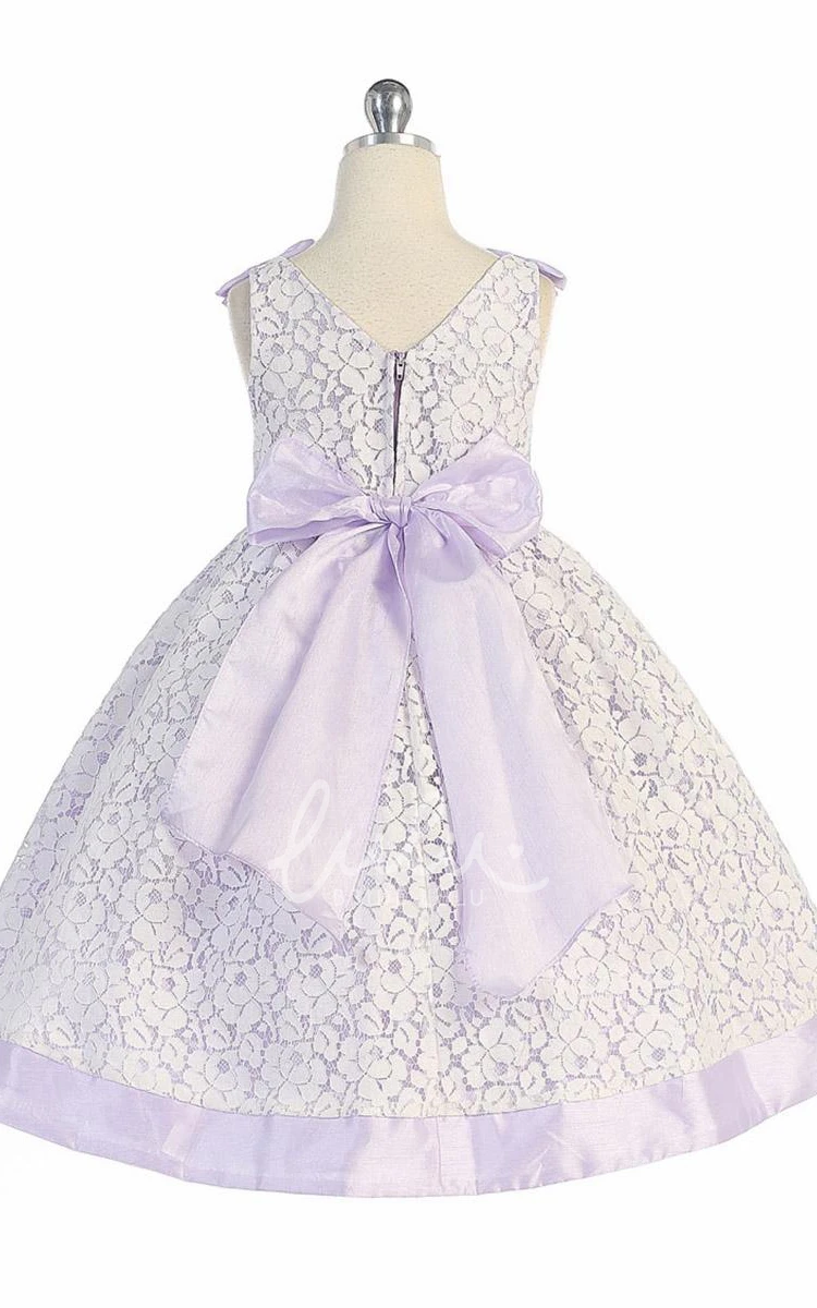 Bowed Floral Lace Tea-Length Flower Girl Dress with Sash Simple Dress for Girls