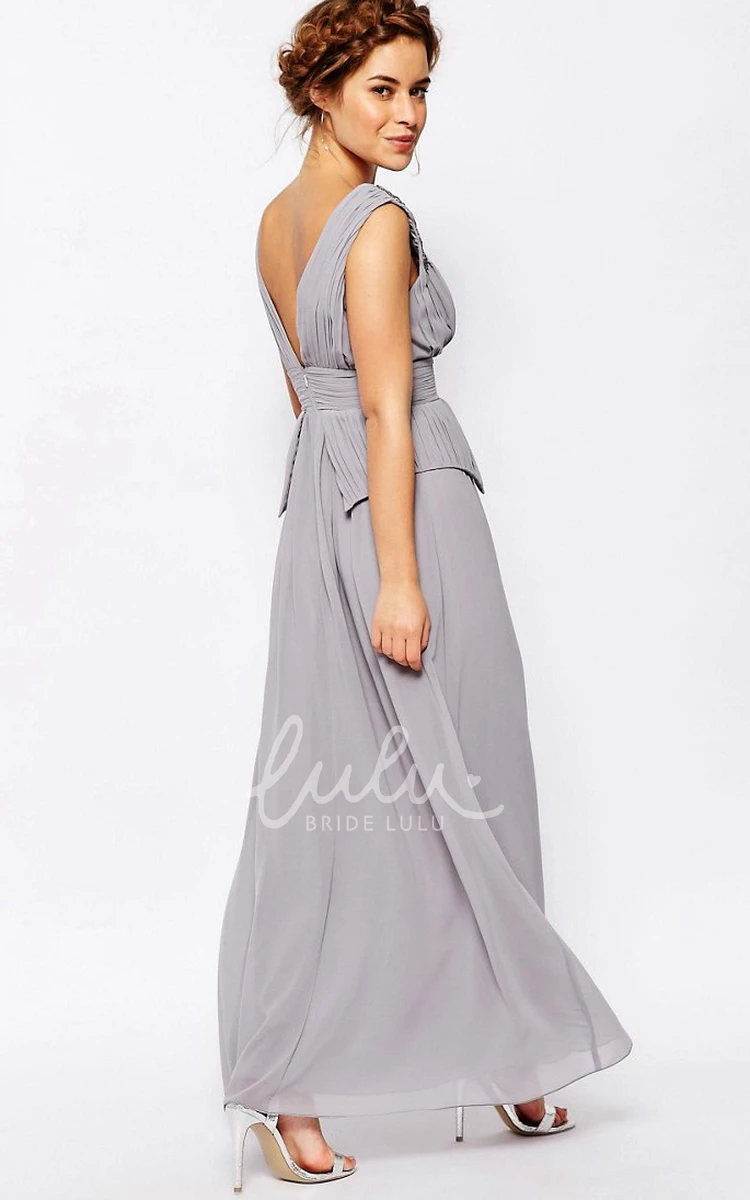 V-Neck Chiffon Bridesmaid Dress with Ruching and Beading A-Line Ankle-Length