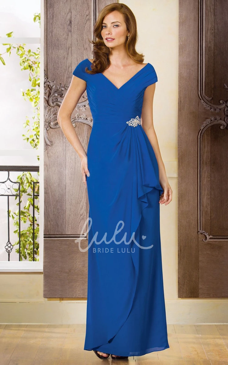 V-Neck Mother of the Bride Dress with Cap Sleeves and Ruffles