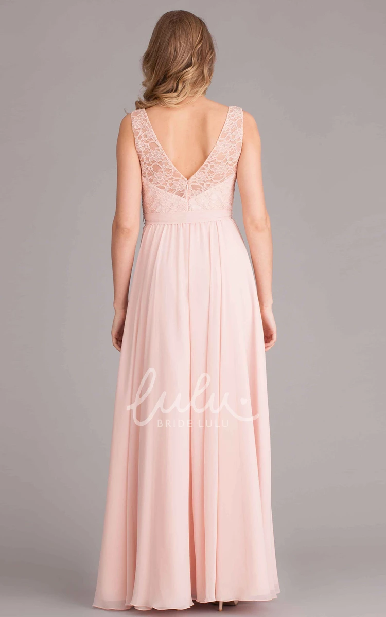 Lace V-Neck Chiffon Bridesmaid Dress with Bow Sleeveless Elegant Women's Dress