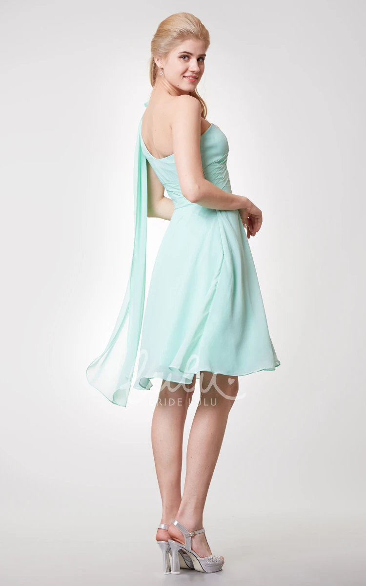 One-shoulder Chiffon Bridesmaid Dress with Flower Knee Length & Modern