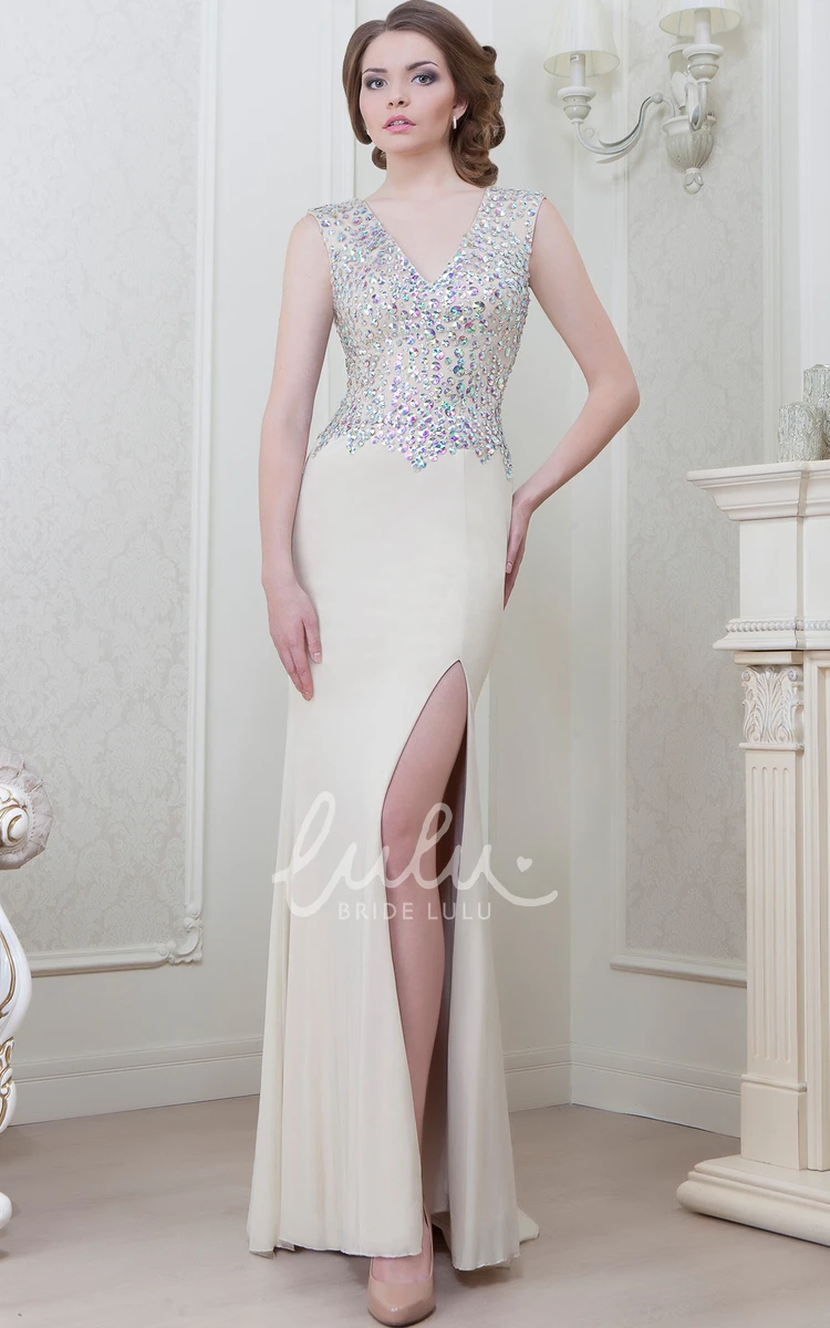 Chiffon V-Neck Beaded Sleeveless Formal Dress