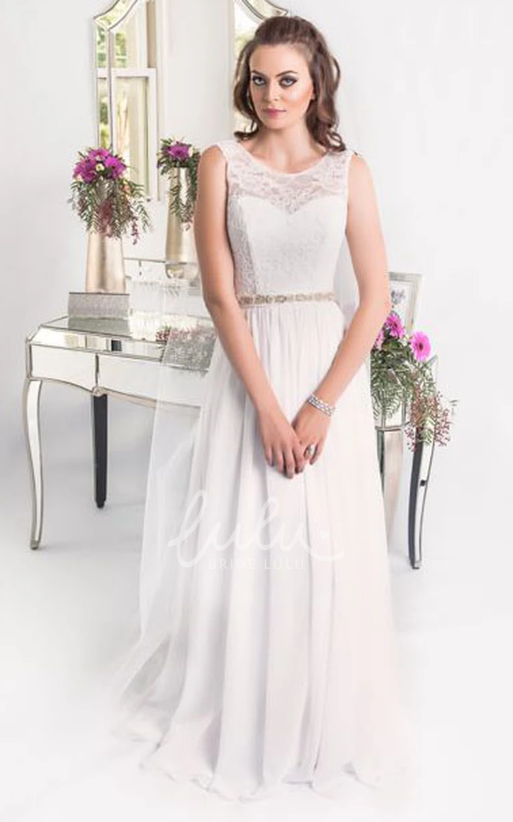 Chiffon and Lace Wedding Dress with Lace-Up Back Sleeveless Sheath Style Maxi Gown