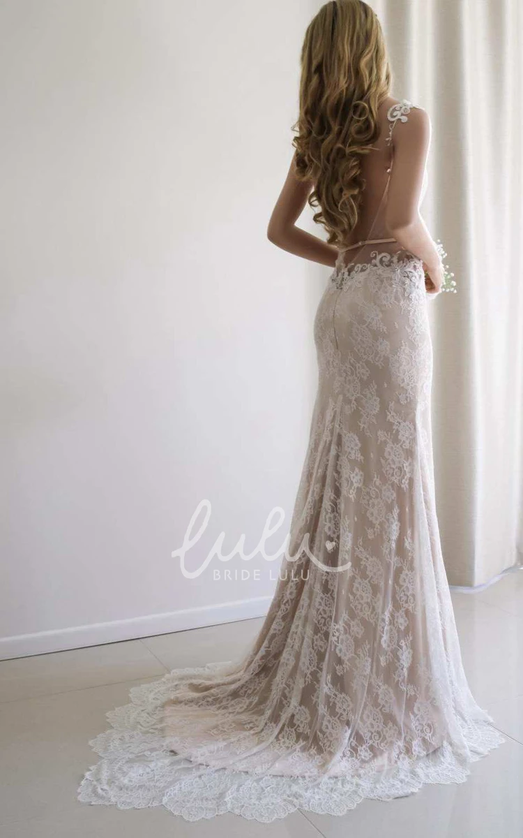 Backless Satin Lace Wedding Dress Illusion Sleeves