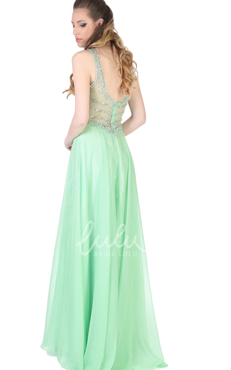 A-Line Beaded Sleeveless Chiffon Evening Dress with Jewel-Neck Floor-Length