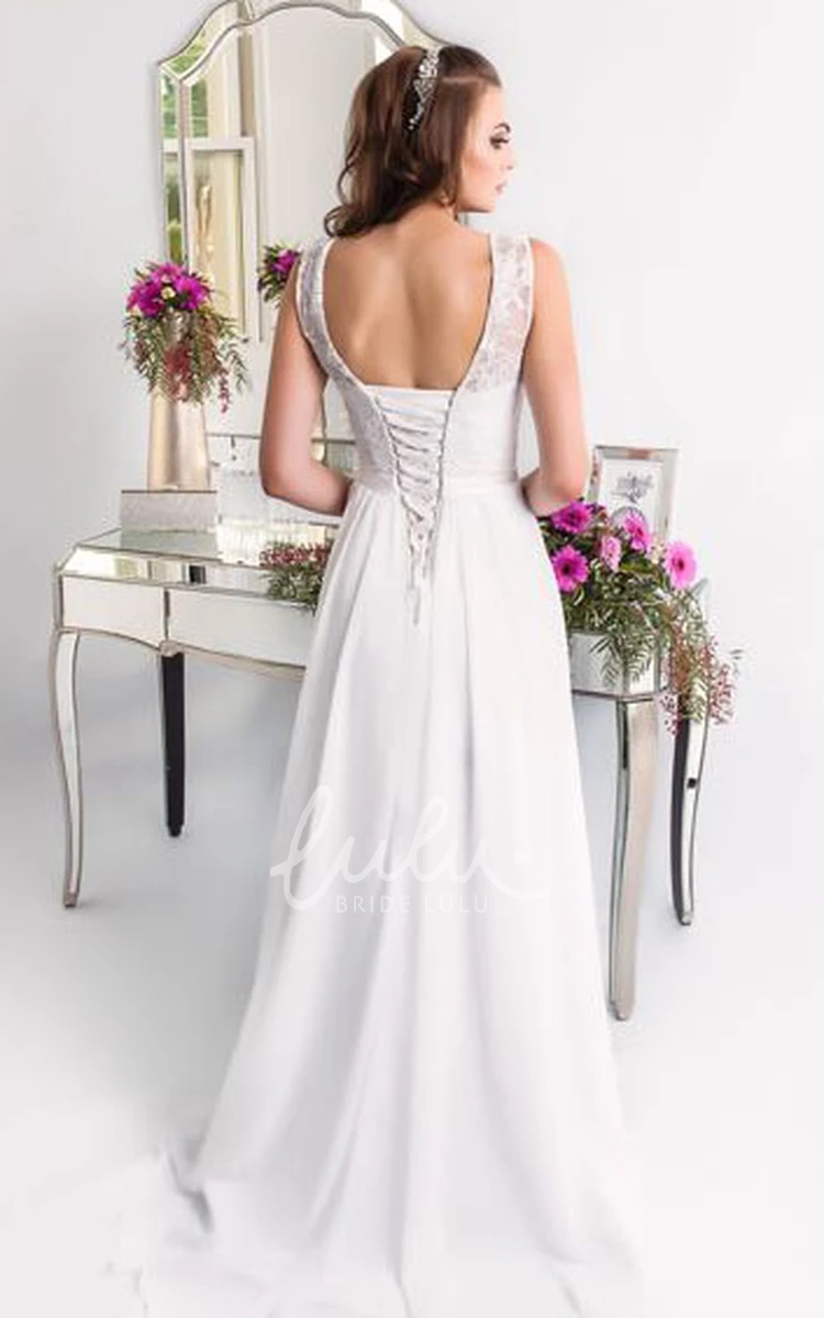 Chiffon and Lace Wedding Dress with Lace-Up Back Sleeveless Sheath Style Maxi Gown