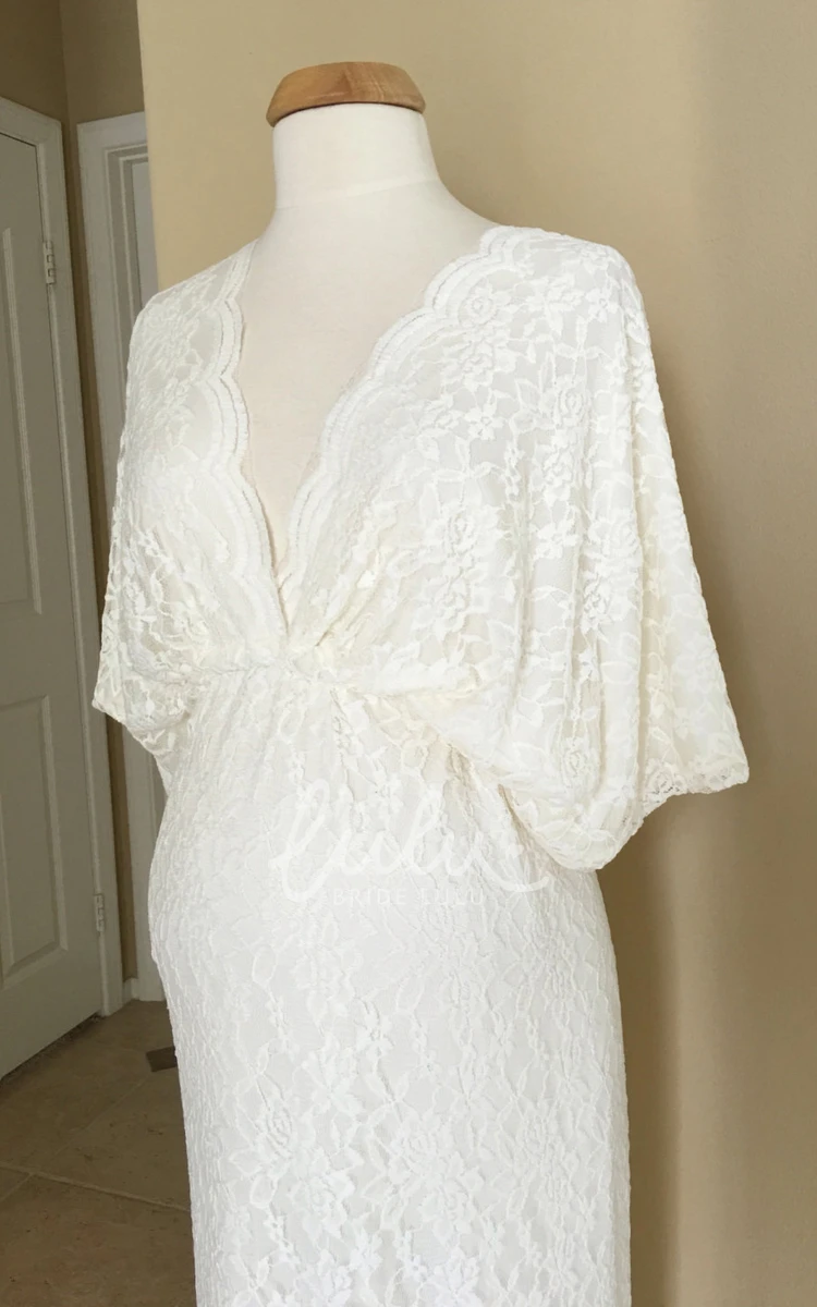 Lace Scalloped V-neck Short Sleeve Maternity Wedding Dress Empire Ruched