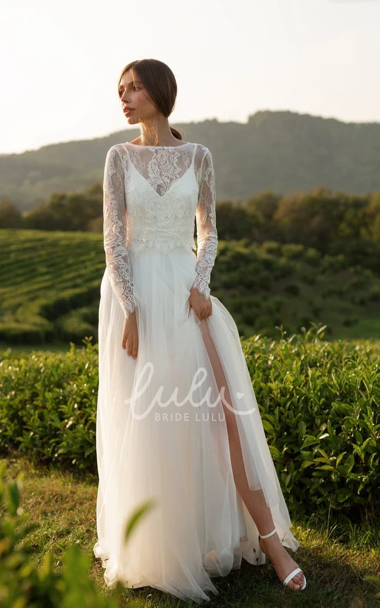 Long Sleeve Two-piece A-Line Bateau Neck Lace Tulle Elegant Bride Wedding Dress with Brush Train Button Back