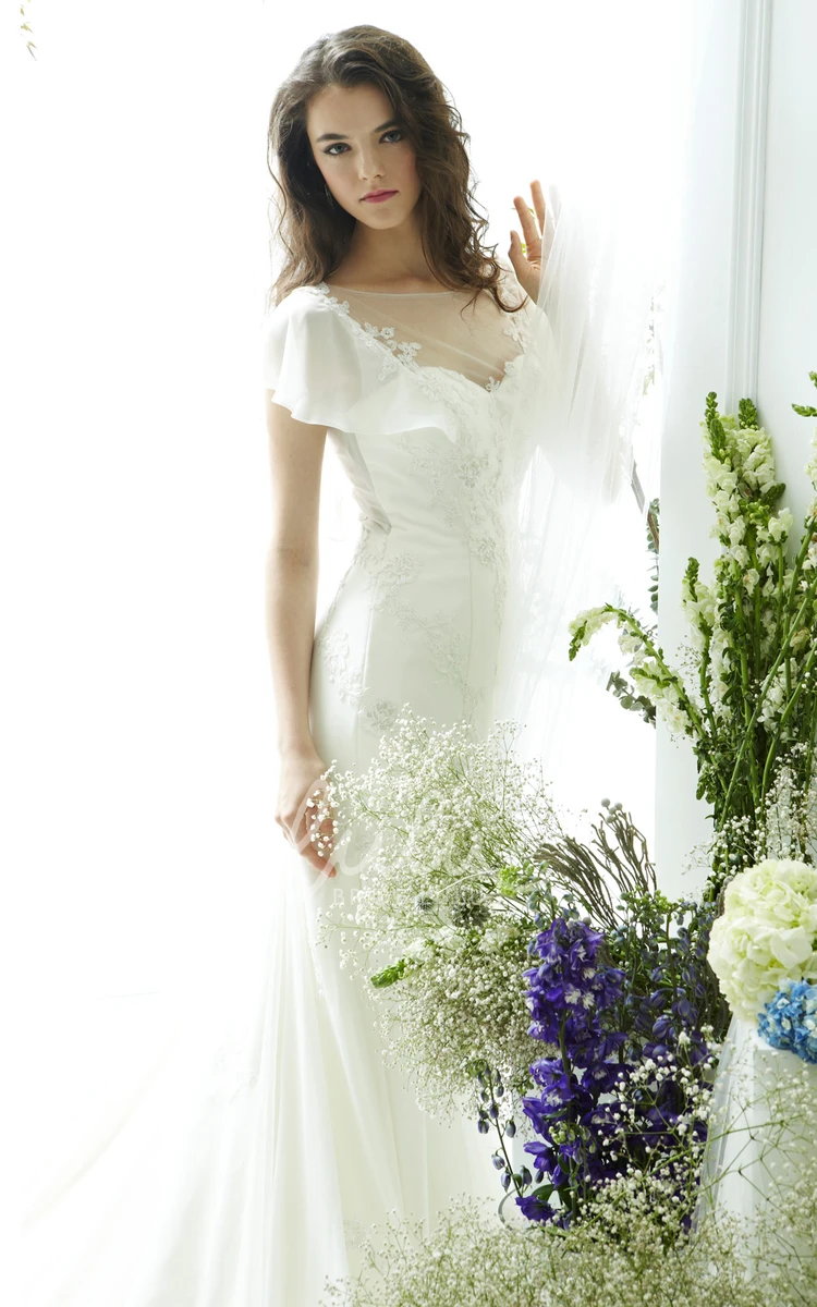 Chiffon Wedding Dress with Poet-Sleeves Bateau-Neck and Illusion Detail