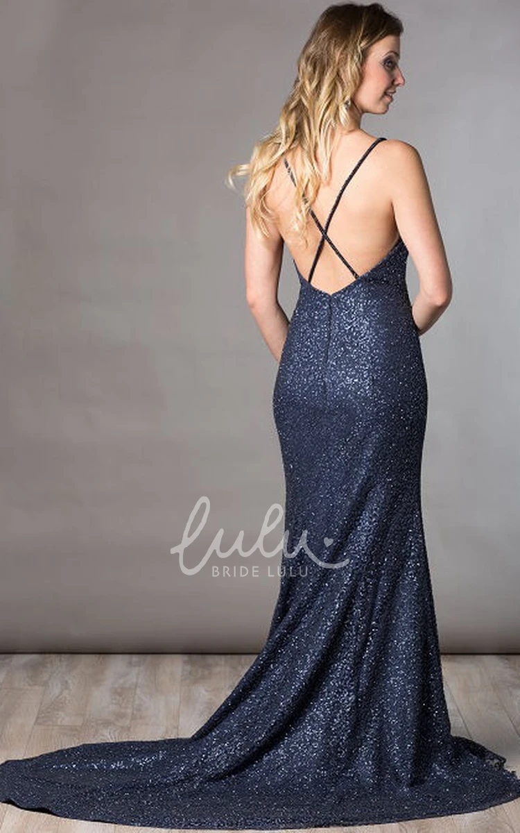 Long Sequin Mother Of The Bride Dress Spaghetti Straps Sheath with Back Criss Cross Straps