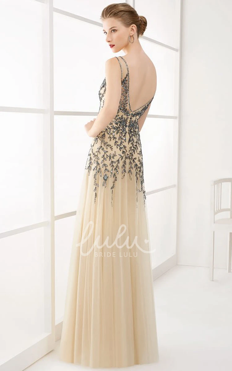 Crystal-Leaf A-Line Tulle Prom Dress with V-Neck and V-Back