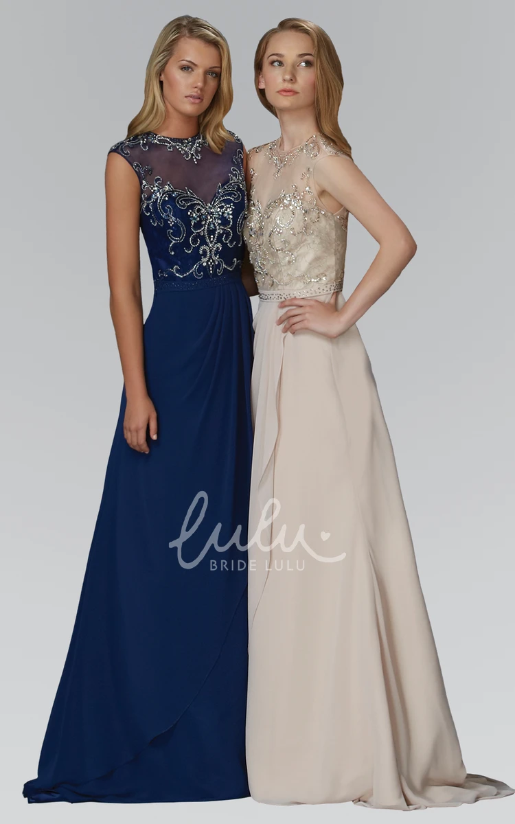 Jewel-Neck Cap-Sleeve Beaded Jersey Dress with Illusion for Prom