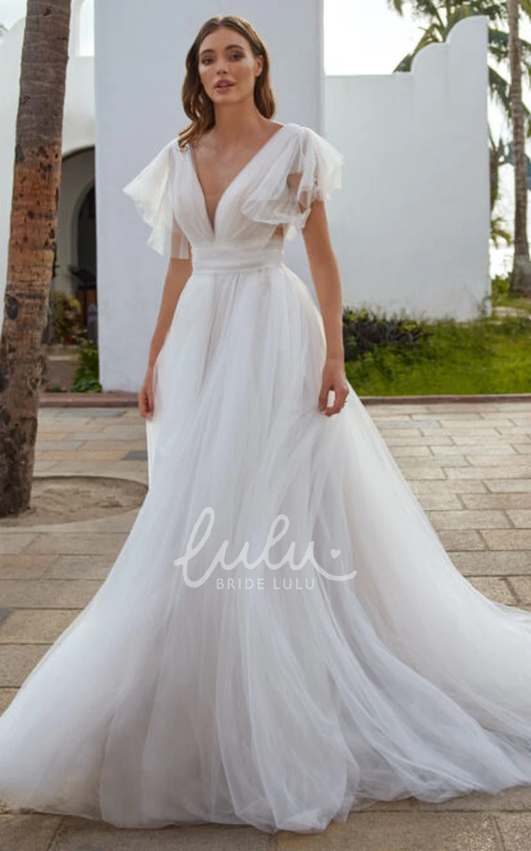 Short Sleeve V-Neck A-Line Tulle Wedding Dress Simple and Elegant Bridal Gown