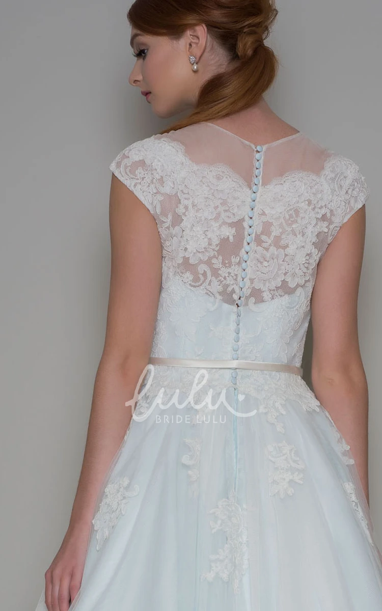 Tulle Cap Sleeve Ankle-Length A-Line Wedding Dress with Applique Unique Bridal Gown