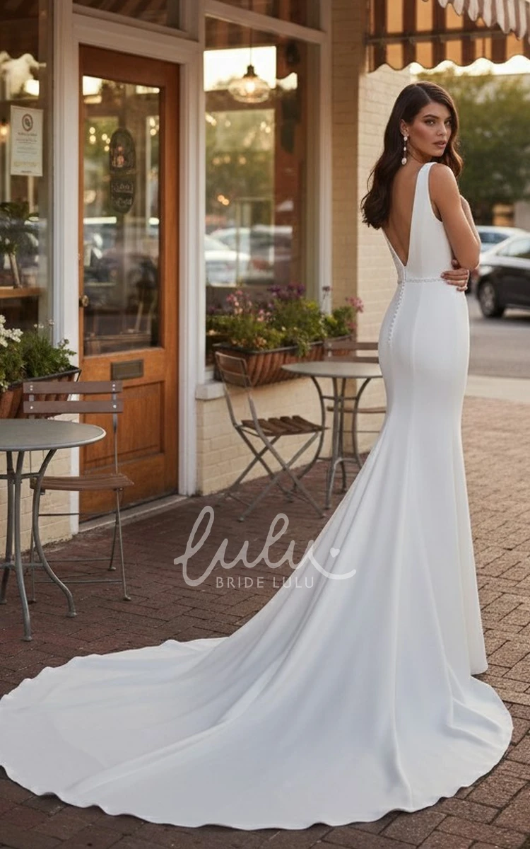 Minimalist Wedding Dress Mermaid Sleeveless V Neck Low Back Court Train Bridal Gown
