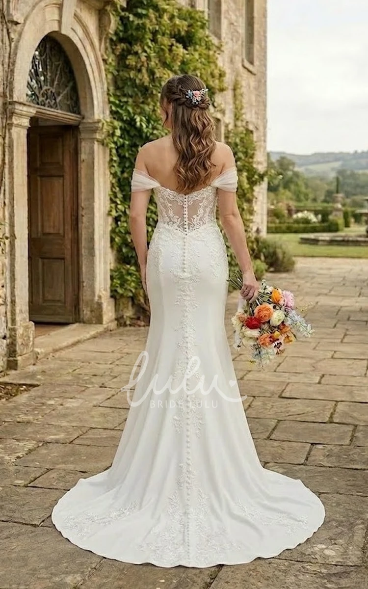 Off-the-Shoulder Lace Mermaid Wedding Dress with Illusion Back for Country and Garden Weddings