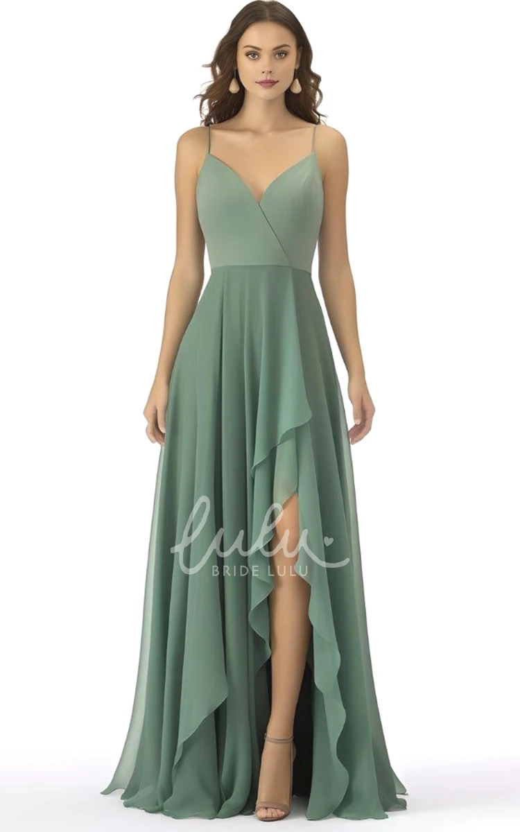 Bohemian Chiffon Spaghetti Bridesmaid Dress with Front Split A-Line Unique Wedding Dress