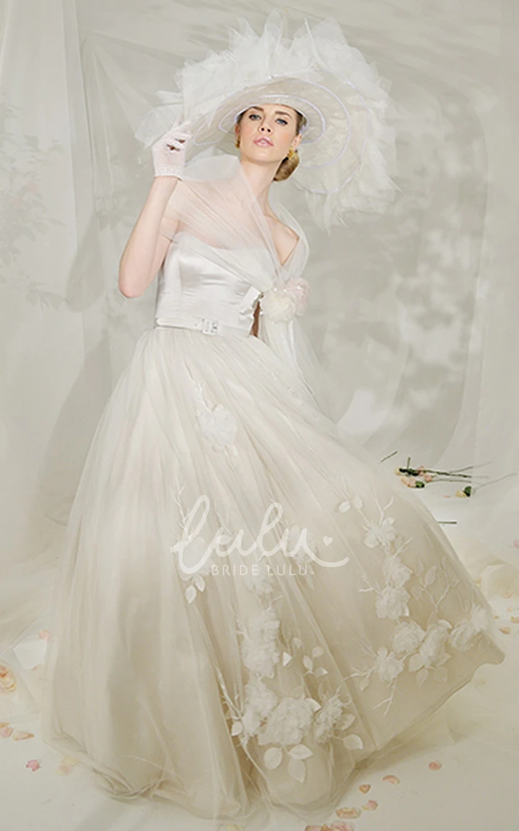 V-Back Floral Tulle Wedding Dress with Sweep Train in Long Length