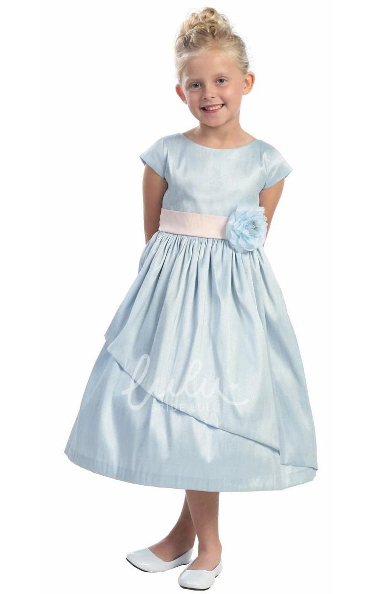 Floral Tea-Length Flower Girl Dress with Bows and Sash Modern Bridesmaid Dress