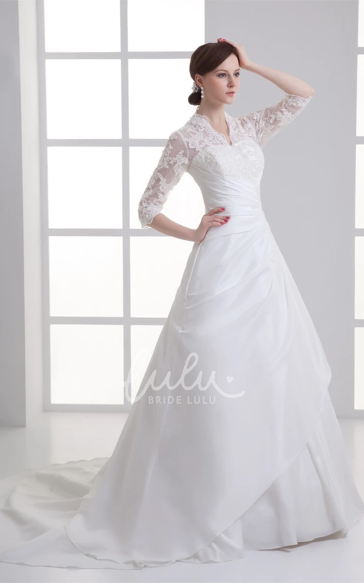 Lace A-line Wedding Gown with Appliques Scalloped-Neck 3/4 Sleeves Bridal Dress