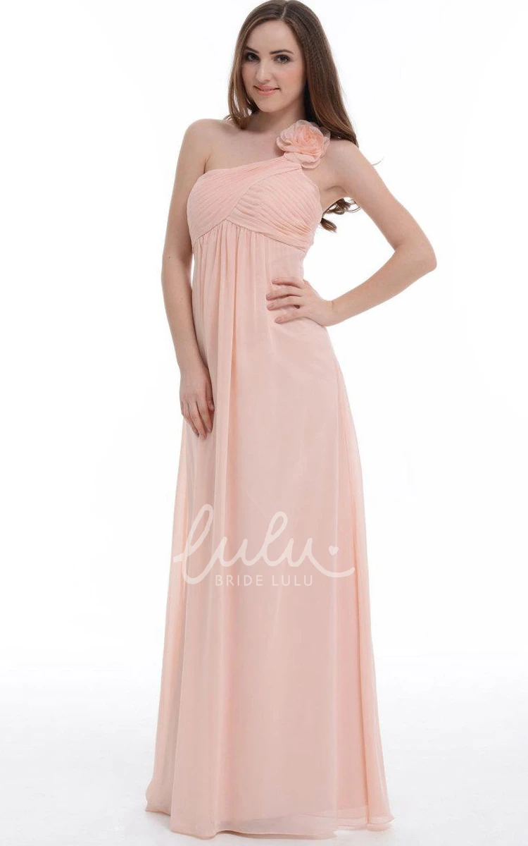 Pink A-Line Floor-Length One-Shoulder Chiffon Maxi Dress with Flower and Ruffles