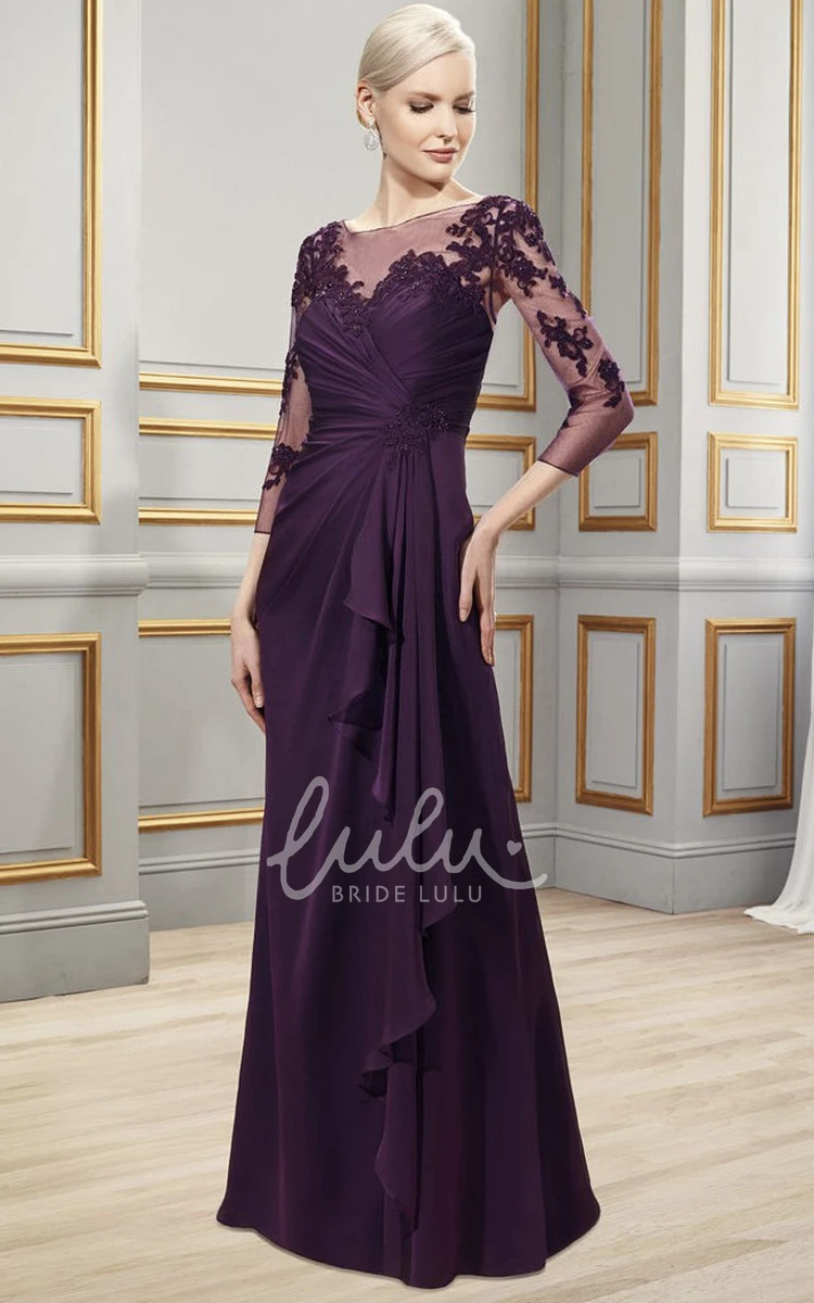 Appliqued Chiffon Formal Dress with 3/4 Sleeve Bateau Neck