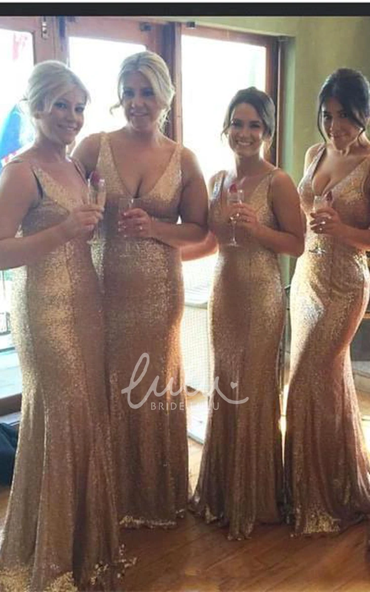 Plus Size Long Floor Length V-Neck Gold Sequins Bridesmaid Dress for Formals