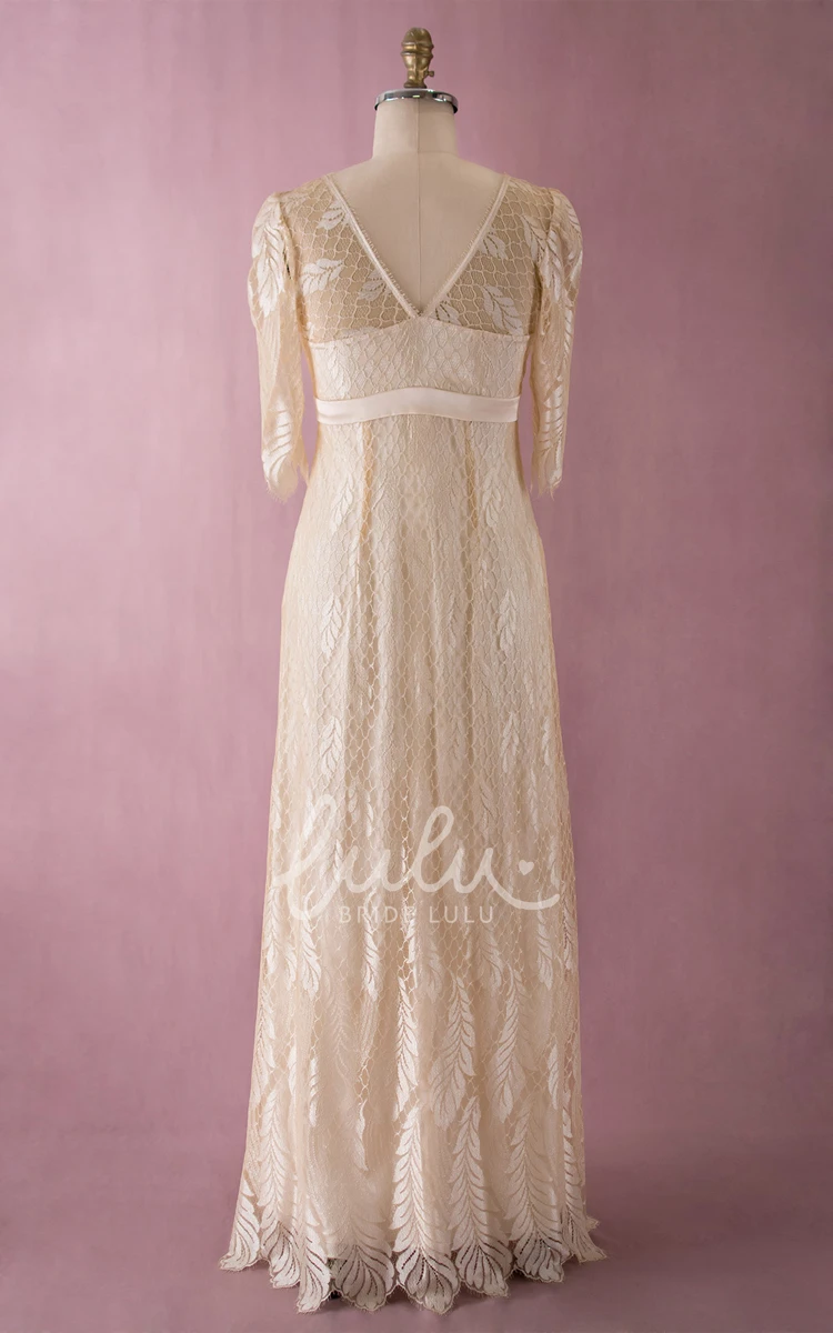 V-Neck Lace Dress with Half Sleeves and Simple Design