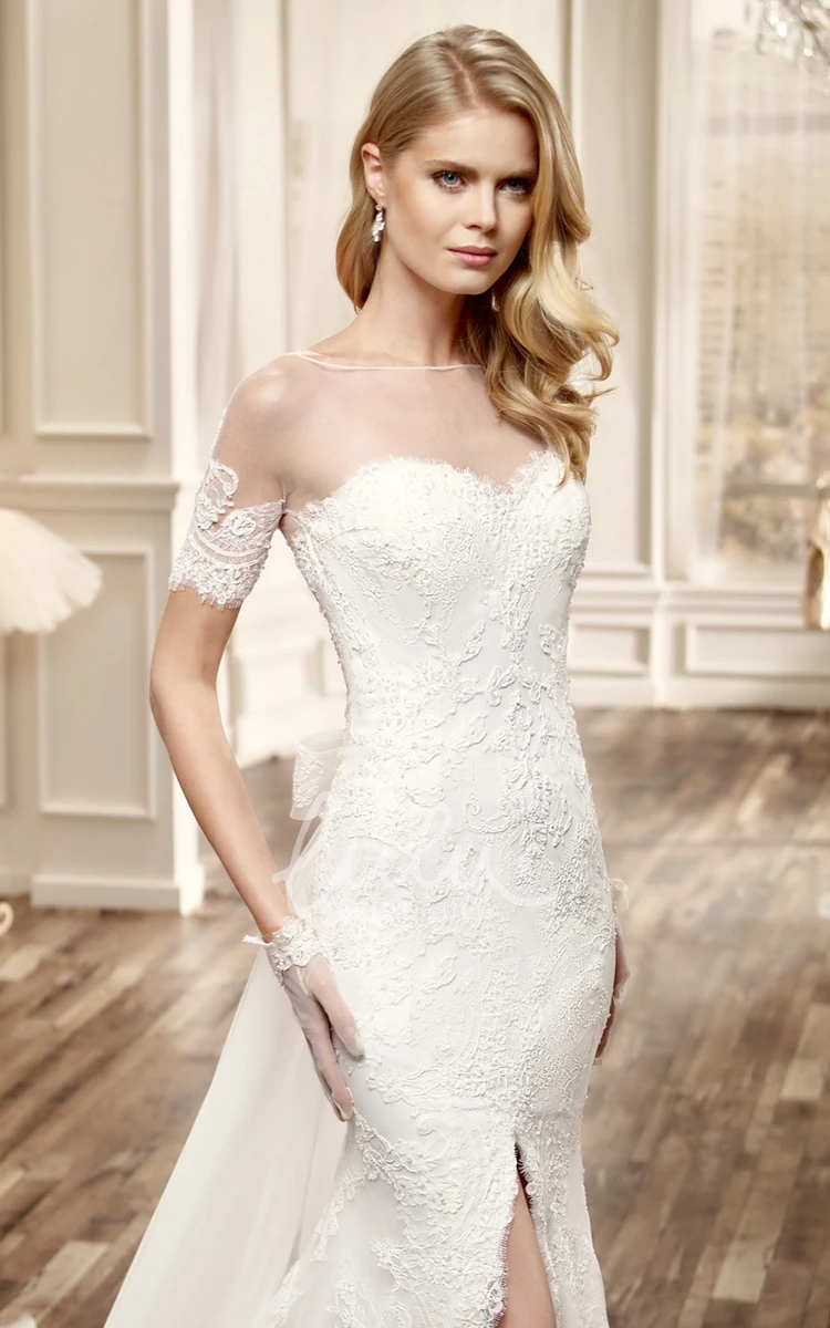 Lace Side-Split Wedding Dress with T-Shirt Sleeves and Back Bow Elegant Bridal Gown