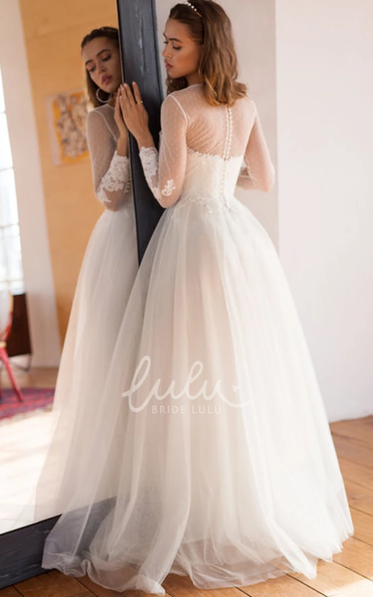 Elegant A-Line Lace Tulle Wedding Dress with Long Sleeves and Button Illusion with Beading