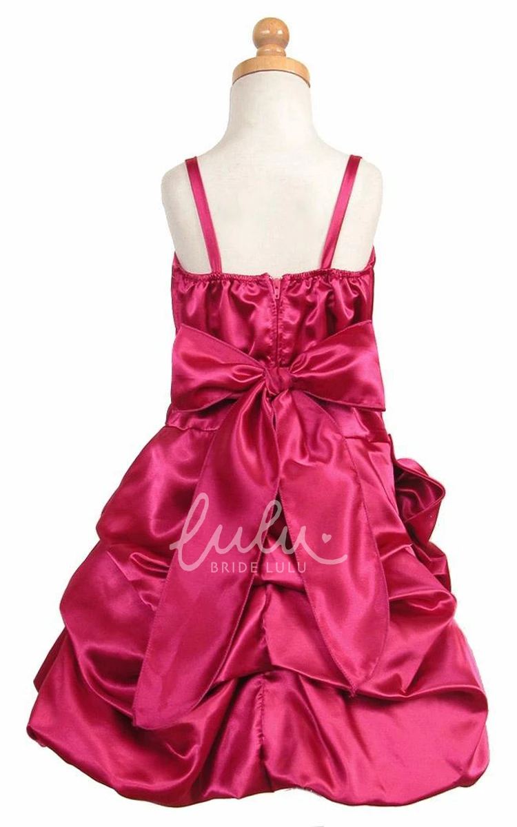 Ruched Satin Cape Midi Flower Girl Dress with Ribbon and Floral Print