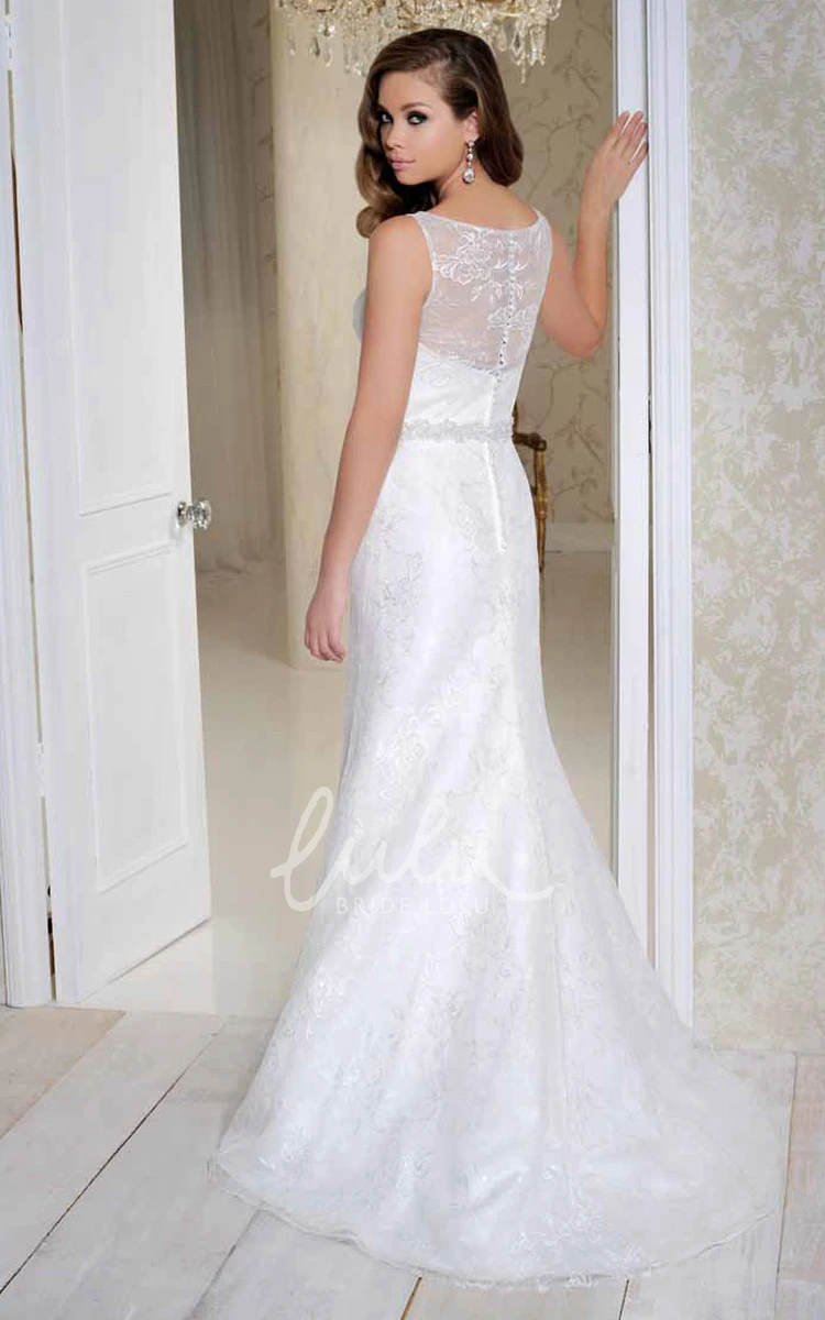 Embroidered Satin Wedding Dress with Illusion and Sweep Train Classic Bridal Gown