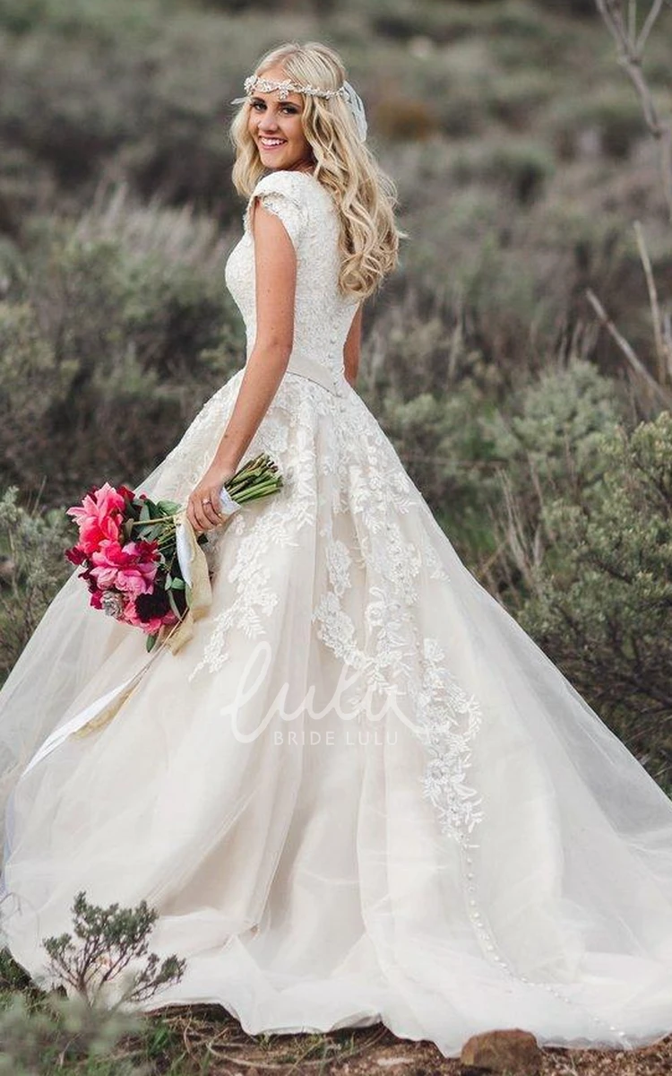 Romantic Ballgown Wedding Dress with Queen Anne Cap Sleeves and Lace Appliques Button Back