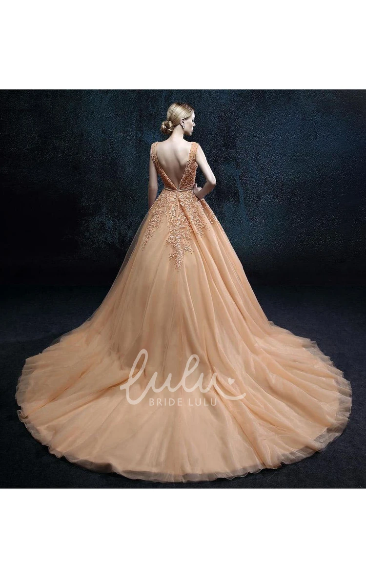 Sleeveless V-Neck Tulle Formal Dress with Backless Design