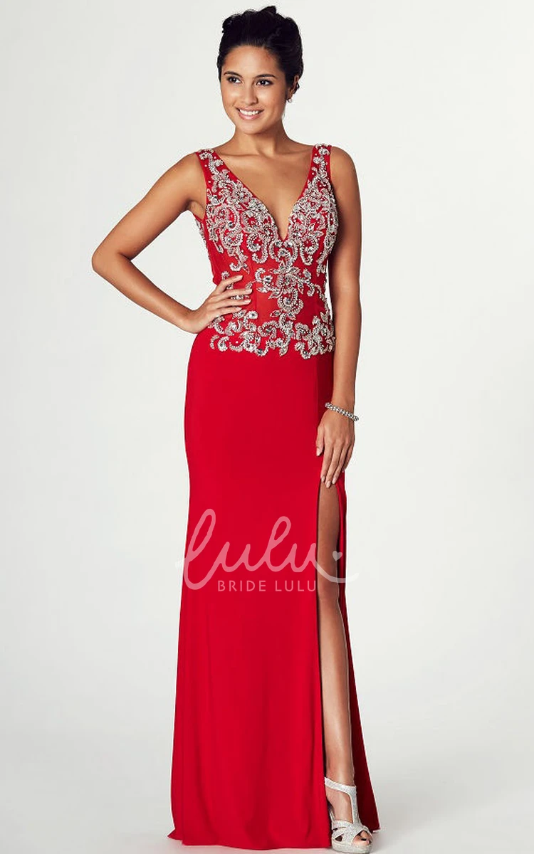 Sleeveless V-Neck Maxi Jersey Prom Dress with Appliques and Split Front Classy Prom Dress for Women