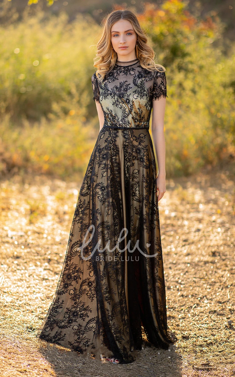 Ethereal A Line Lace Evening Gown with Jewel Neckline and Sleeves