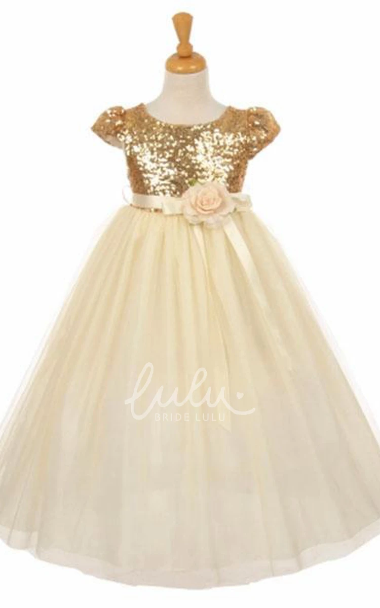 Empire Short Floral Flower Girl Dress with Tulle and Sequins