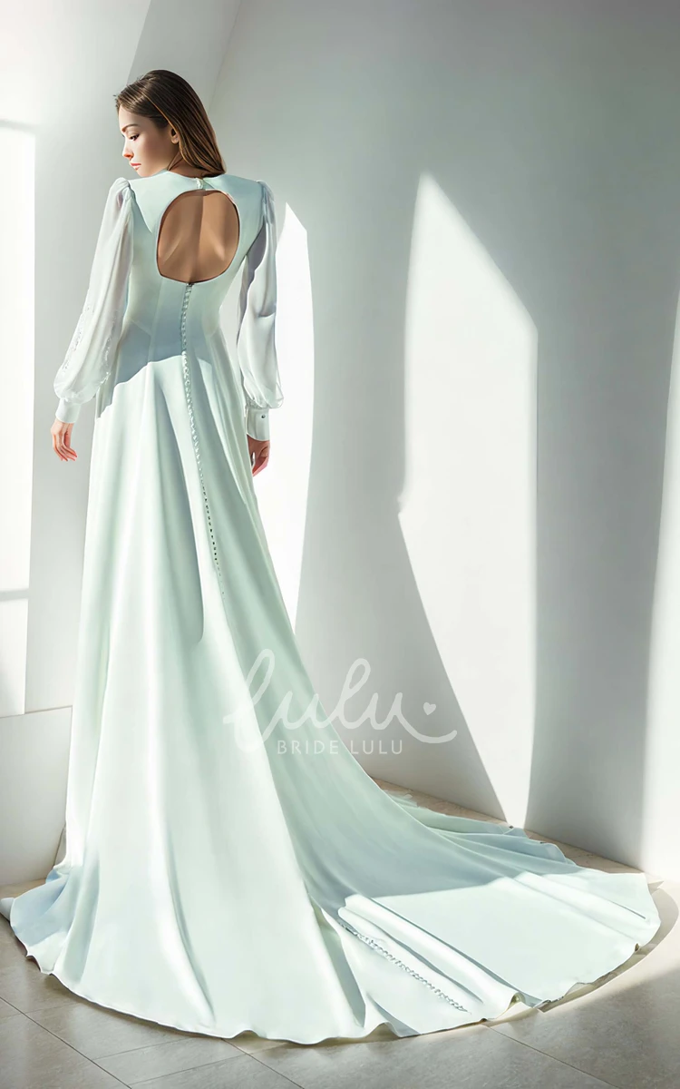 Vintage Solid Satin A-Line Lace Appliques Long Sleeves Plunging V-neck Wedding Dress Elegant Court Floor-length Button Back Bridal Gown