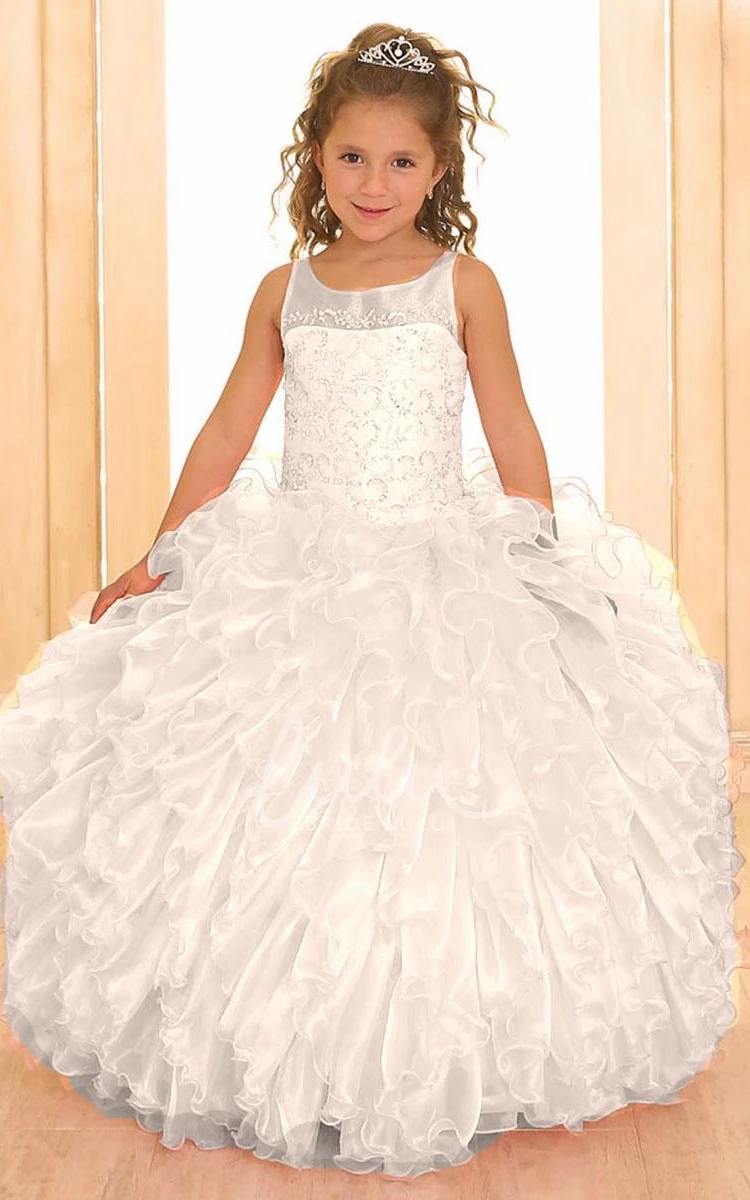 Tiered Ruffled Lace and Sequins Long Flower Girl Dress with Illusion