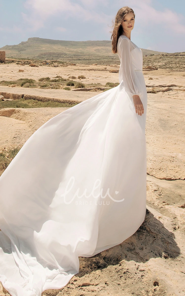 Poet Long Sleeve A-line Chiffon Wedding Dress with Ruching Casual and Chic