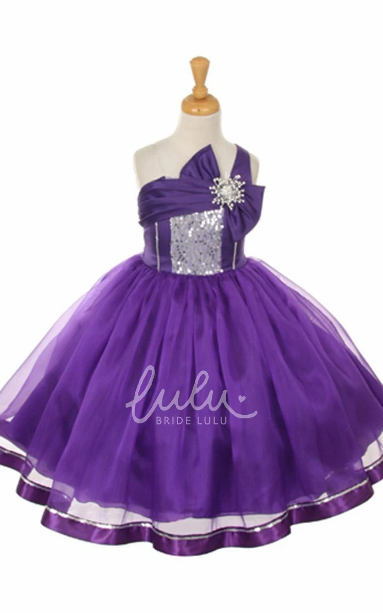 Broach Bowed Sequins&Organza Tea-Length Flower Girl Dress With Sash Classy