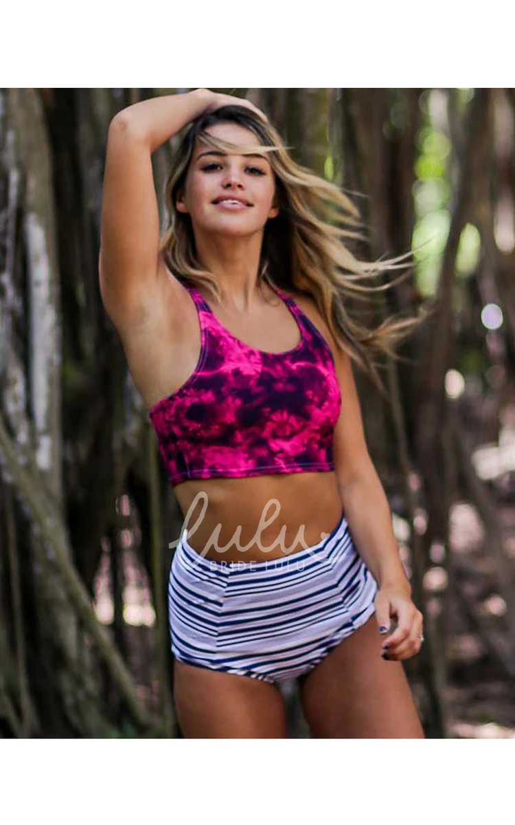 Tie Dye Top Sripped Bottom Tankini Set