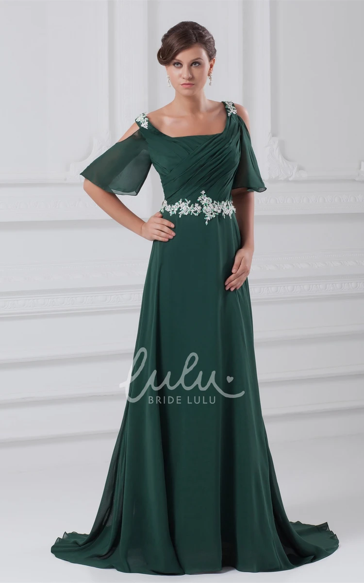 Square-Neck Maxi Chiffon Dress with Ruched Appliqued Waist Classy & Flowy