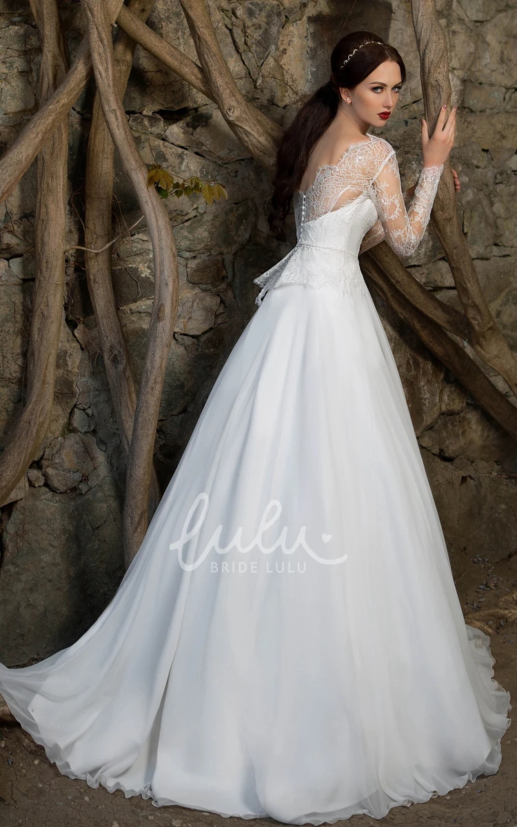 High-Neck Illusion-Sleeve A-Line Dress with Lace Appliques and Pleatings