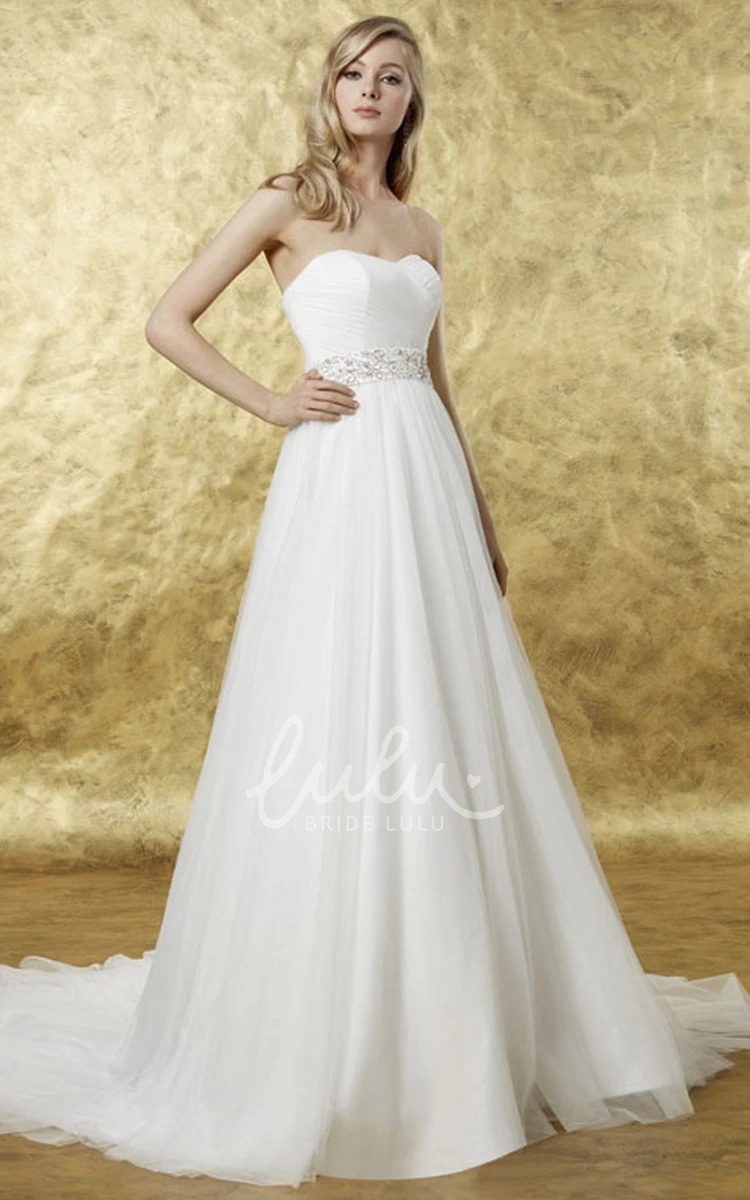 Tulle Jeweled Wedding Dress with V-Back and Court Train Sweetheart Neckline Floor-Length