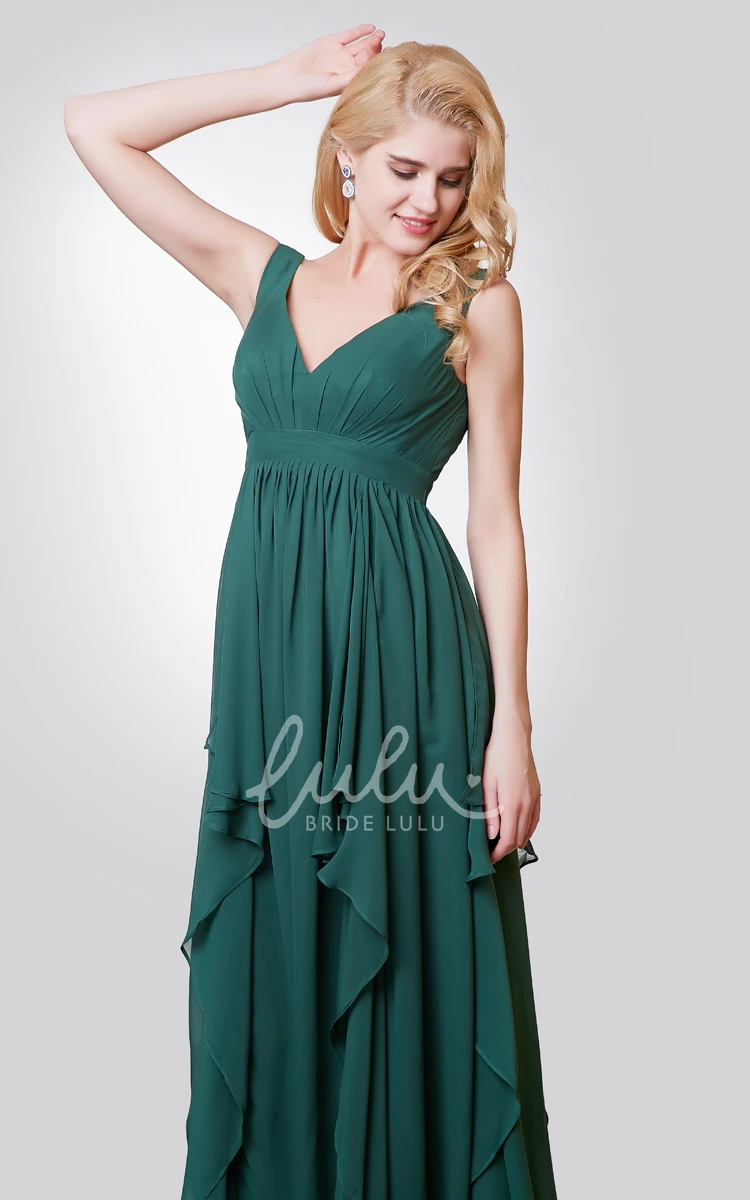 Long Chiffon A-line Bridesmaid Dress with V-neck Sleeveless and Tiers